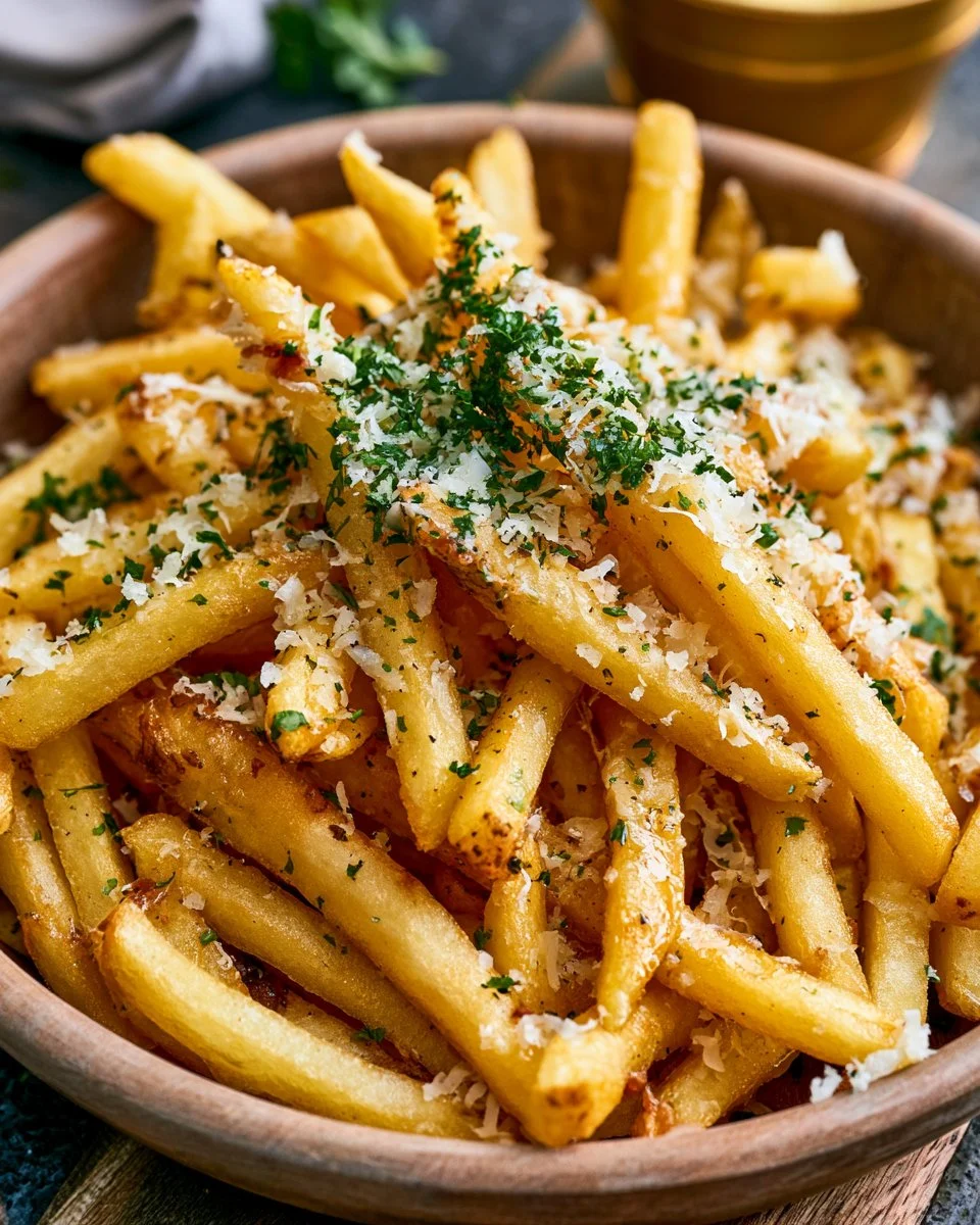Plate of crispy truffle fries topped with Parmesan and herbs