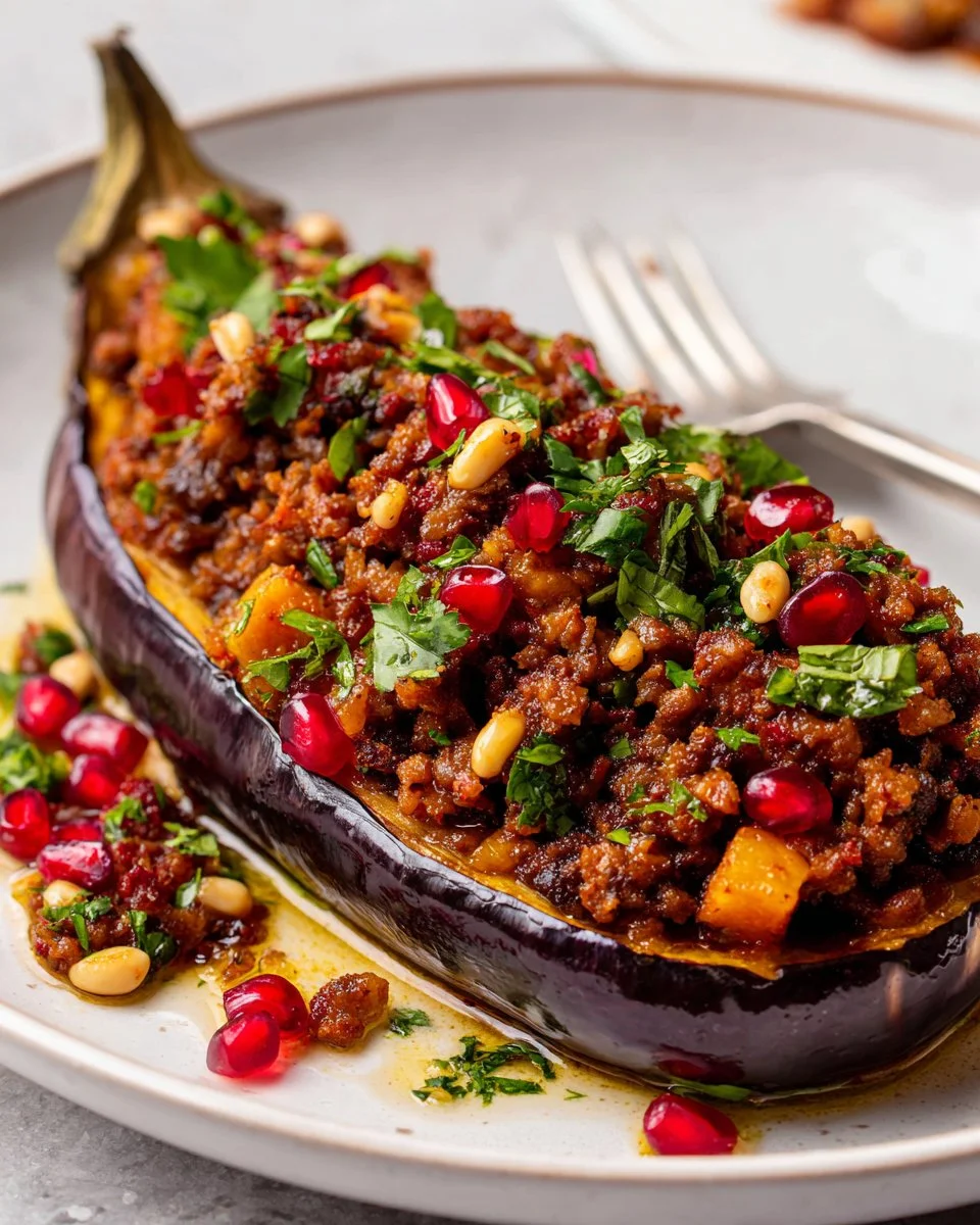 Turkish stuffed eggplant dish, Karniyarik, filled with a savory mixture