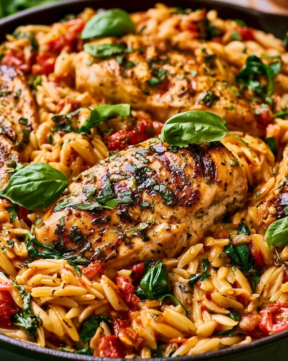 Delicious Tuscan Chicken Orzo served with fresh vegetables and herbs.