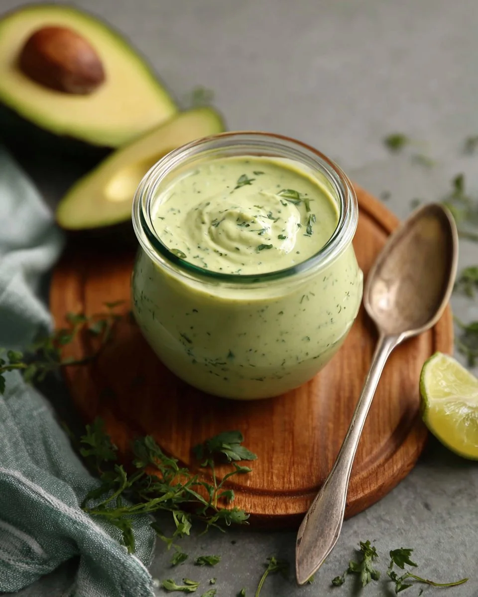 Vegan Avocado Lime Ranch Dressing in a bowl with fresh herbs