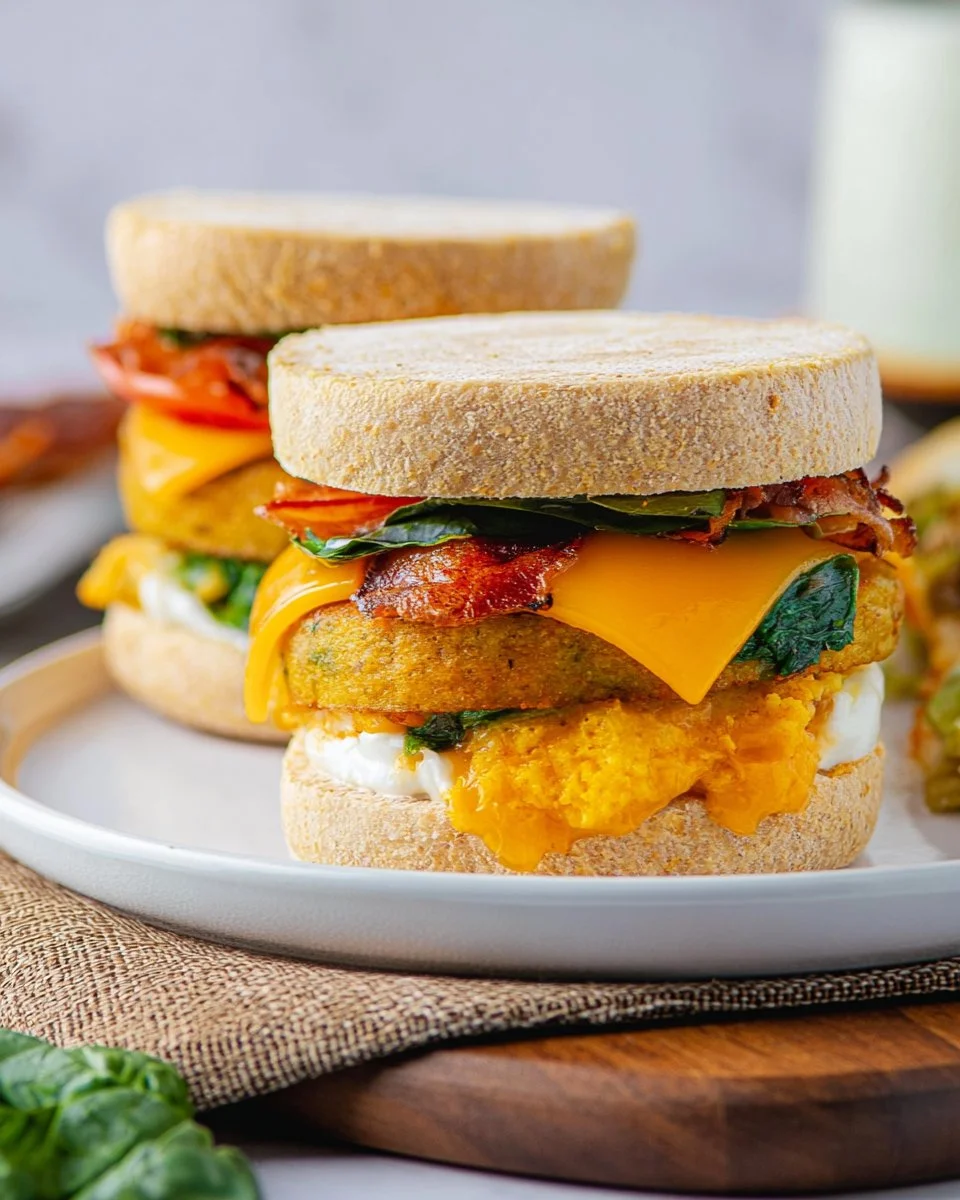 Delicious vegan breakfast sandwich with avocado, tomato, and spinach on whole grain bread.