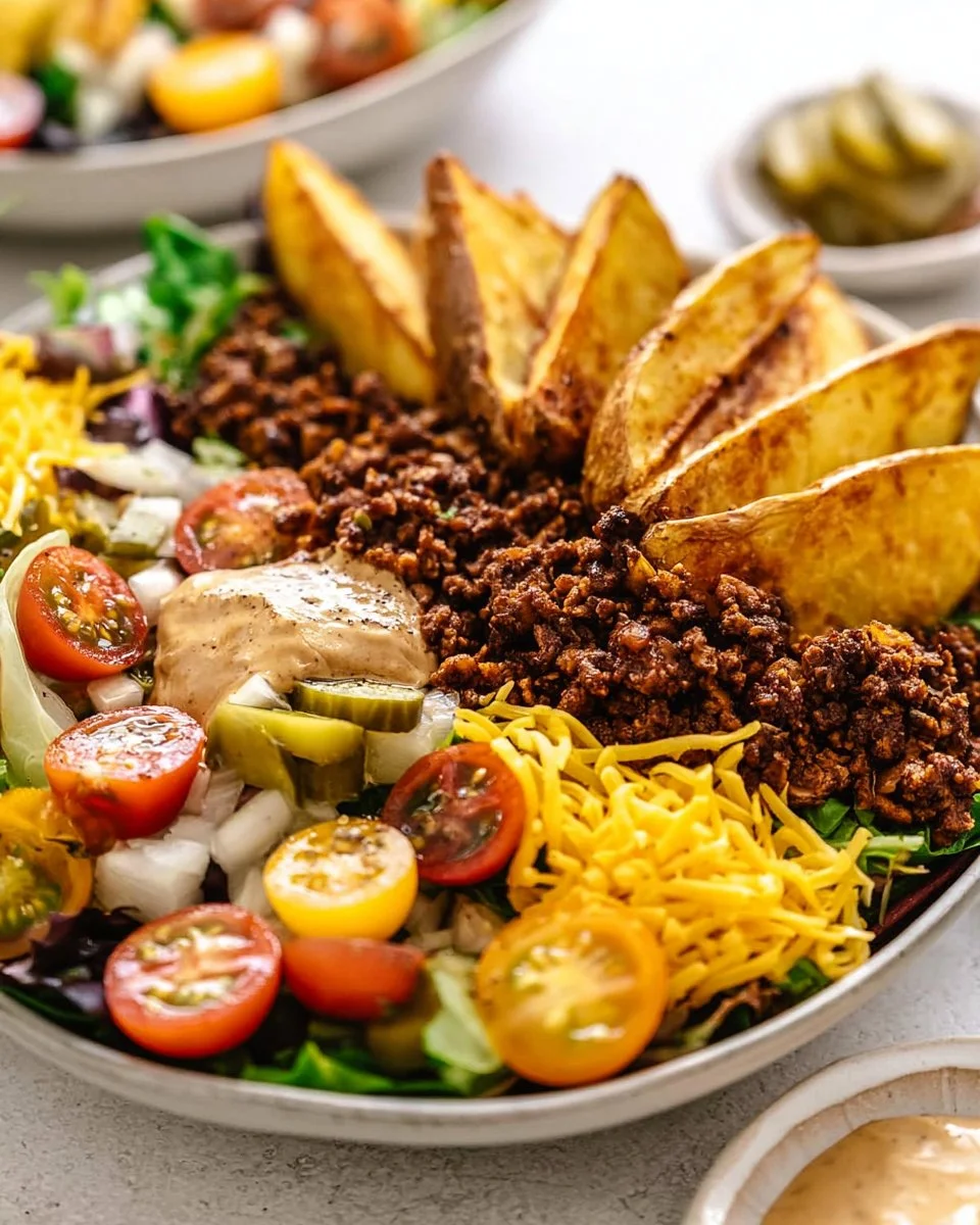 Delicious Vegan Cheeseburger Bowl topped with fresh vegetables and sauces