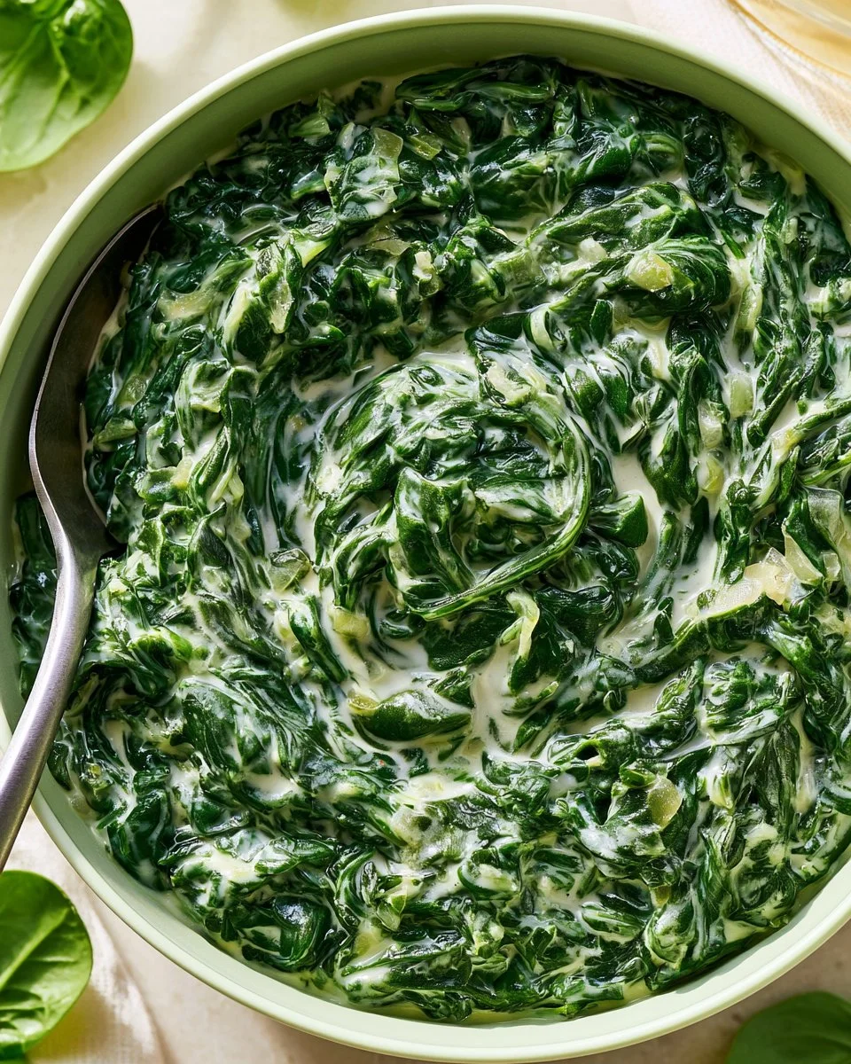 Vegan creamed spinach served in a bowl, garnished with herbs