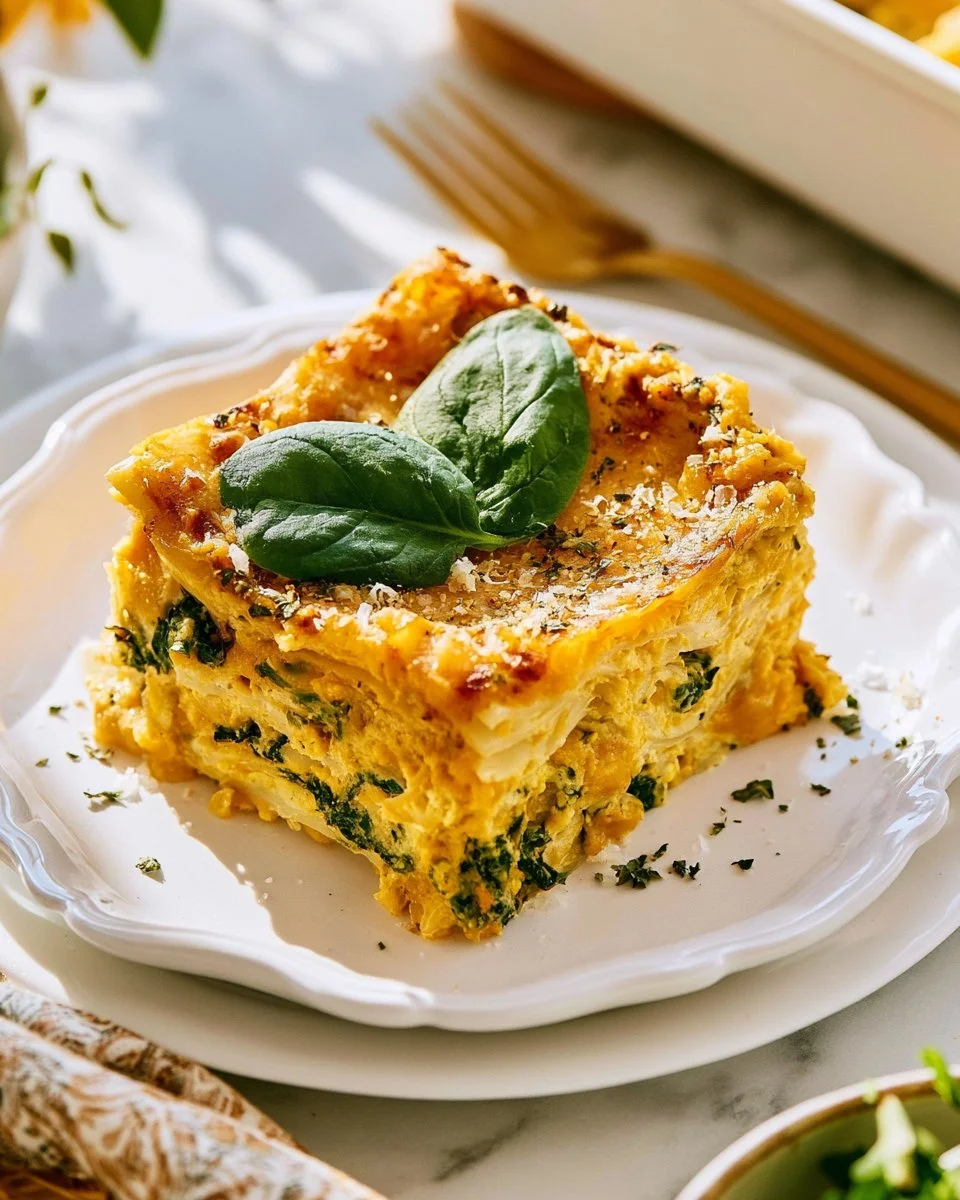 Vegan Spinach and Butternut Squash Lasagna served with fresh basil