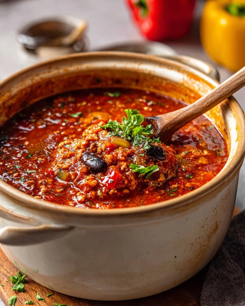 Bowl of vegan stuffed pepper soup with colorful peppers and spices
