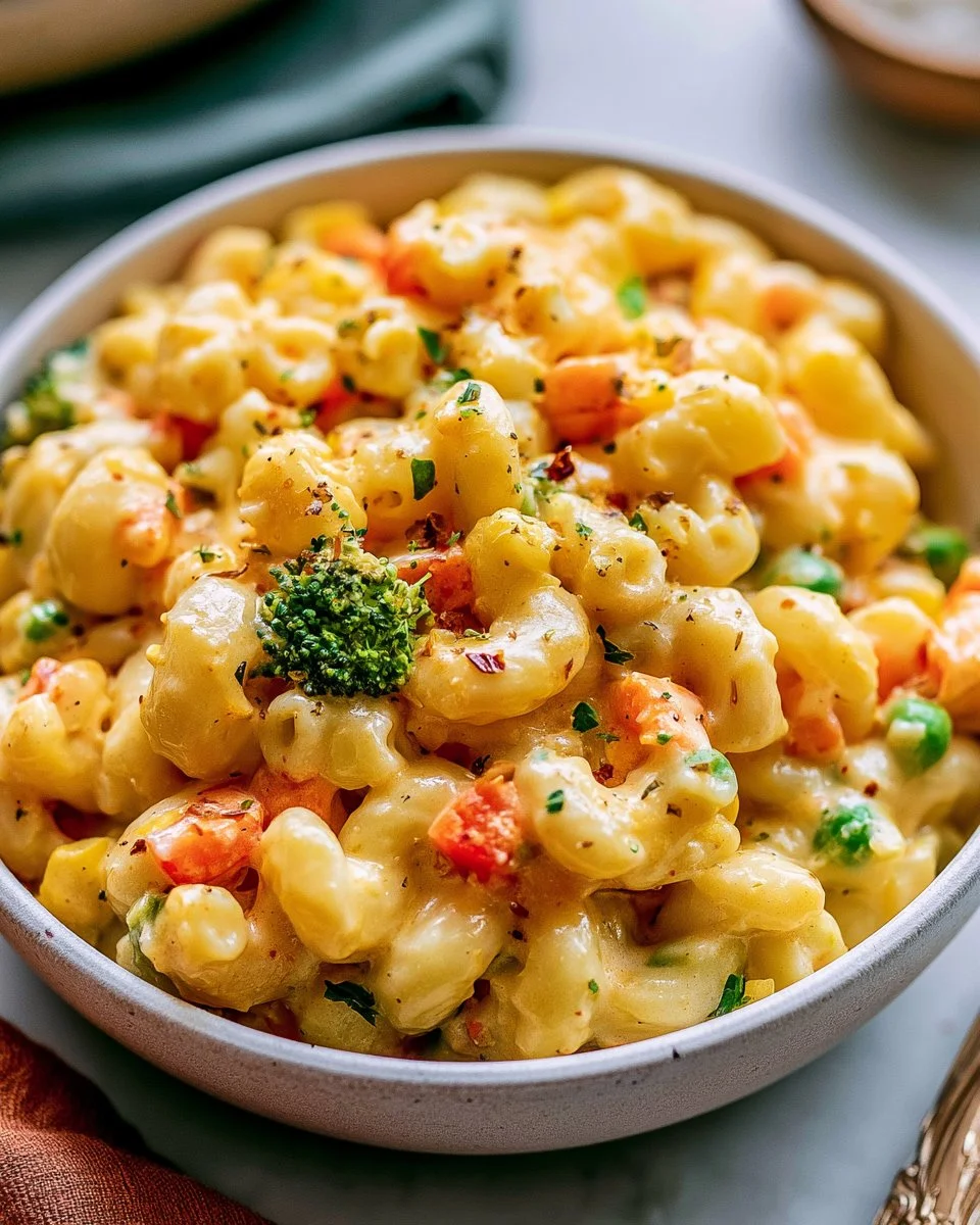 Bowl of Vegetable Macaroni and Cheese topped with fresh vegetables.
