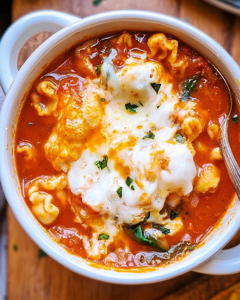 Bowl of hearty vegetarian lasagna soup topped with fresh herbs