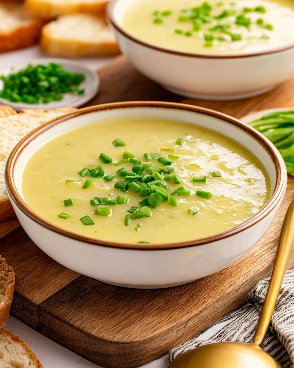 Bowl of creamy Vichyssoise garnished with chives and served chilled