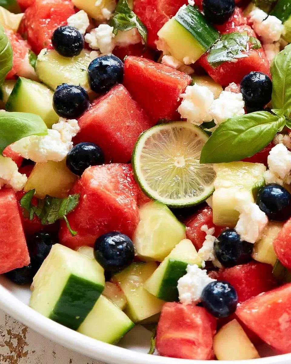 Watermelon blueberry salad with feta cheese served in a bowl