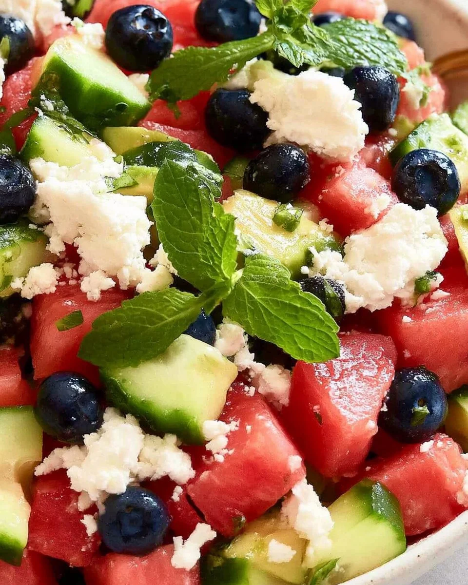 Refreshing watermelon blueberry salad with feta cheese topping.