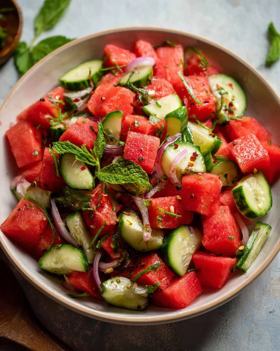 Delicious watermelon cucumber salad in a bowl with mint leaves