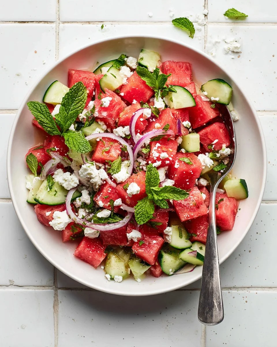 Fresh Watermelon Feta Salad with mint and balsamic dressing