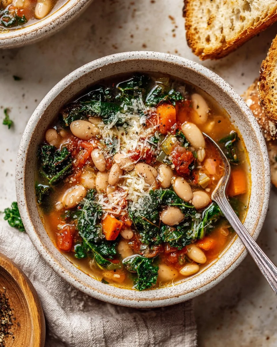 Delicious bowl of white bean and kale soup, a healthy recipe for comfort food.