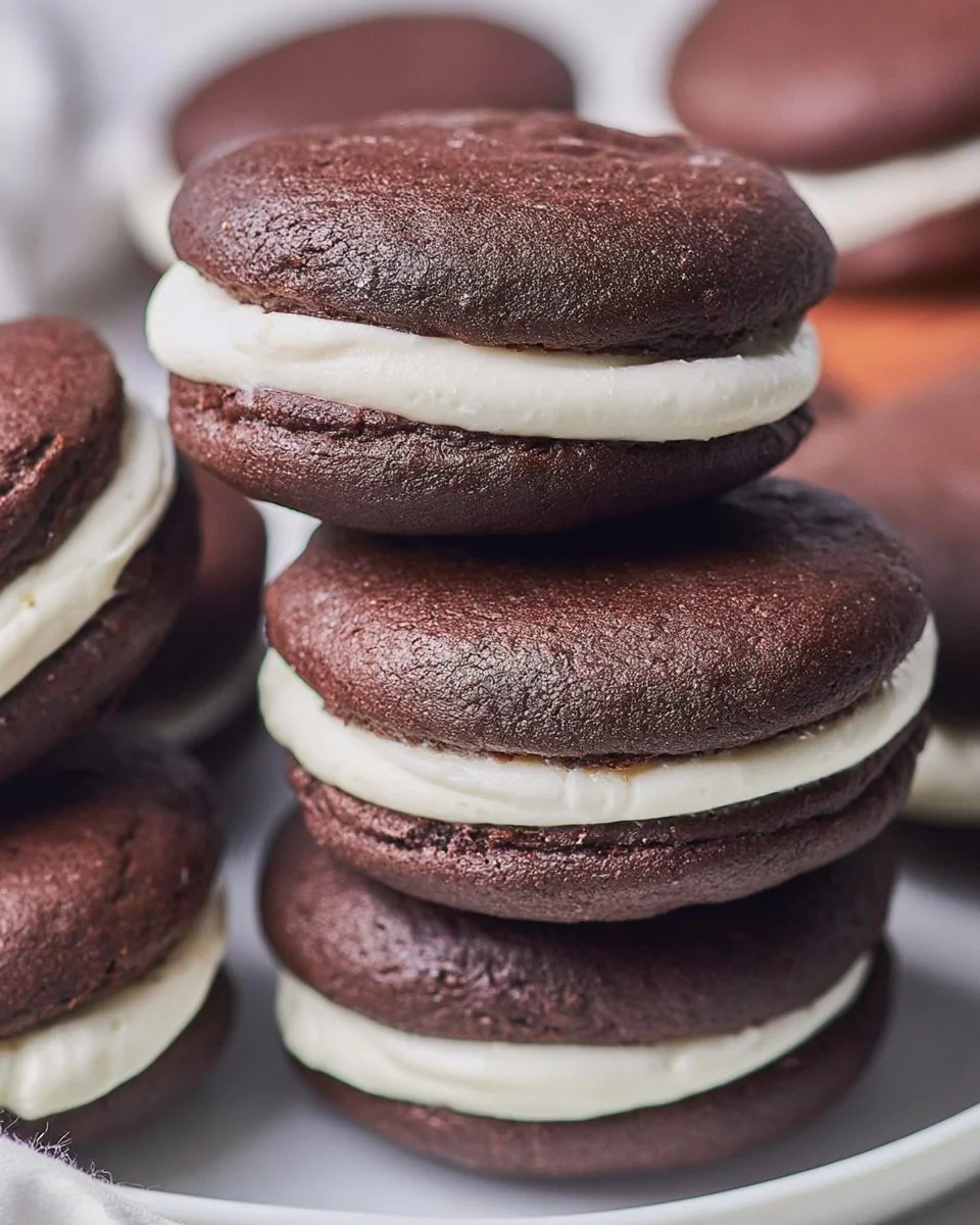 Delicious whoopie pies displayed on a plate, showcasing their creamy filling.