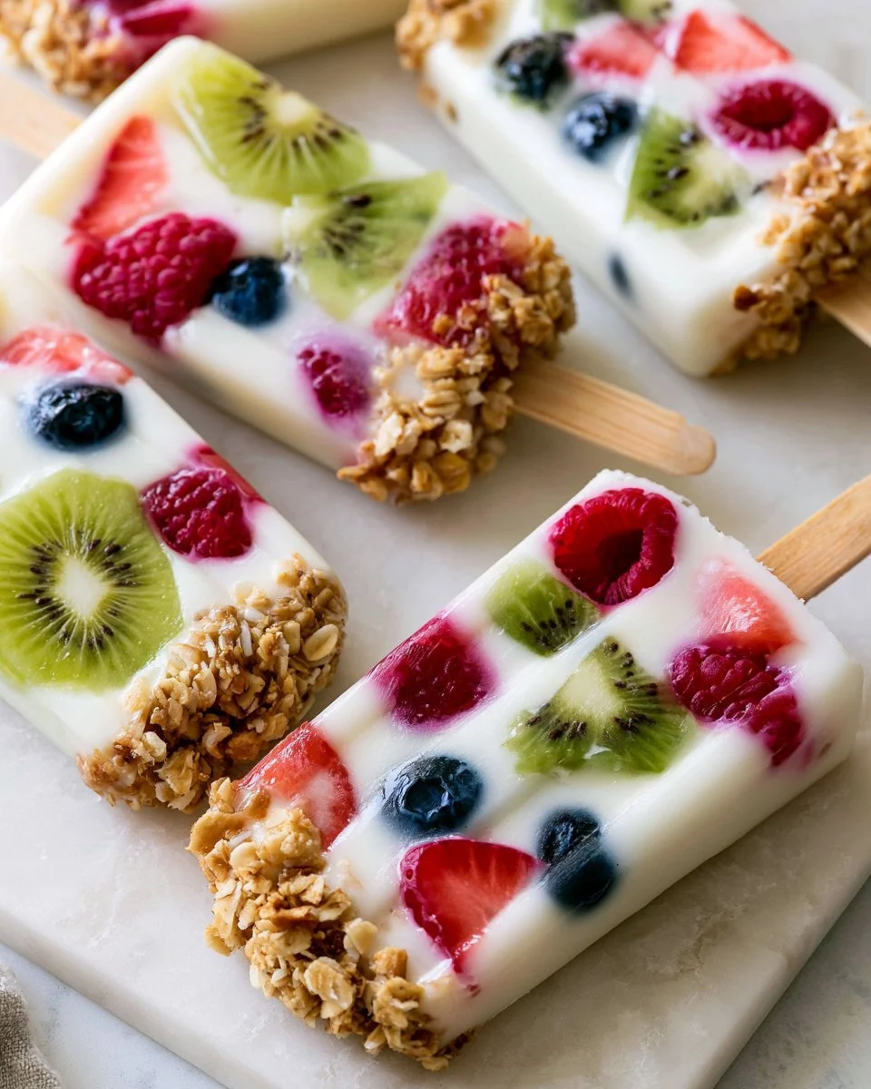 Homemade yogurt popsicles with fresh fruit in colorful molds