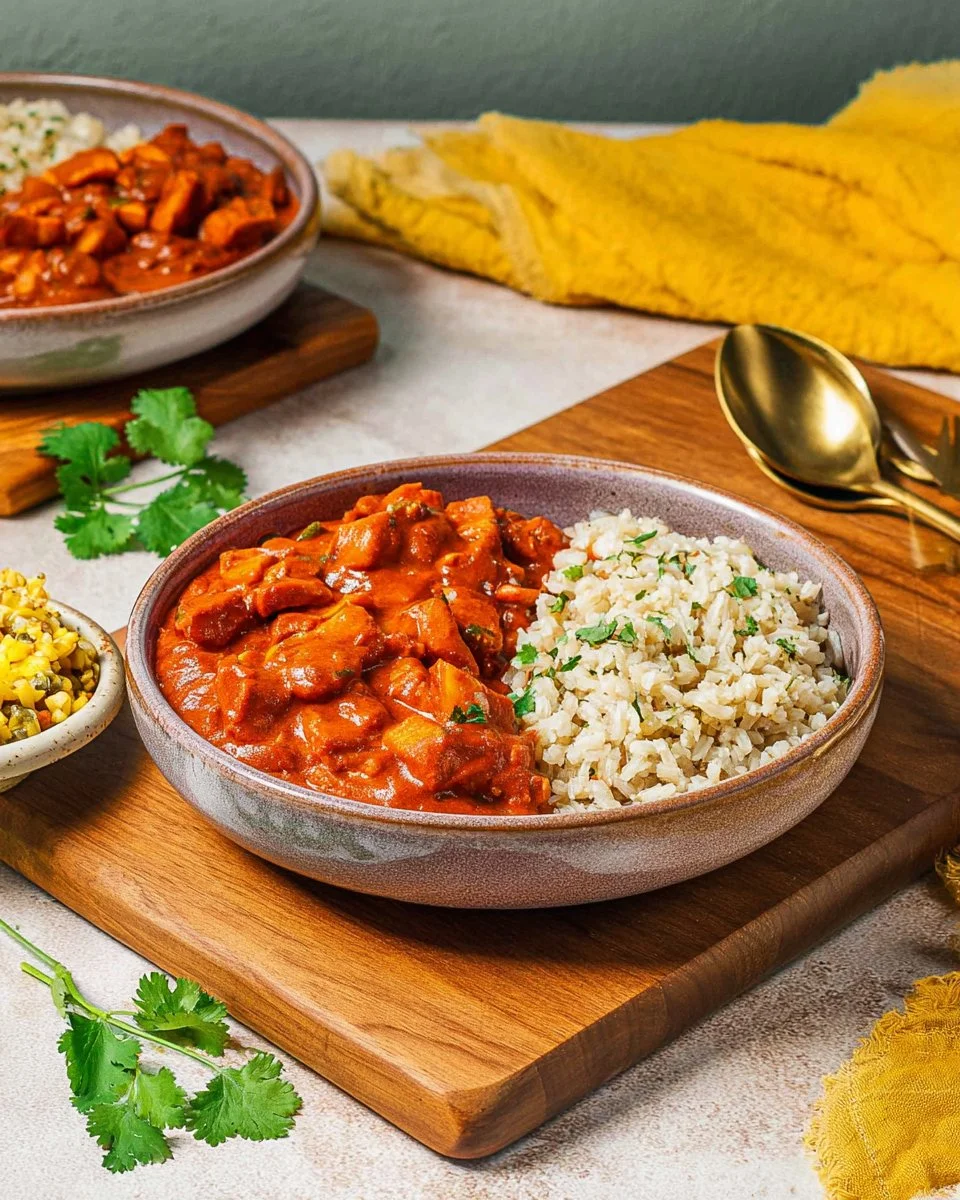 1 Pan Vegan Butter Chicken served in a bowl with rice and cilantro garnish