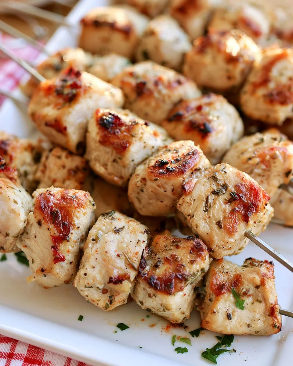 Oven-cooked chicken kabobs with colorful veggies on skewers