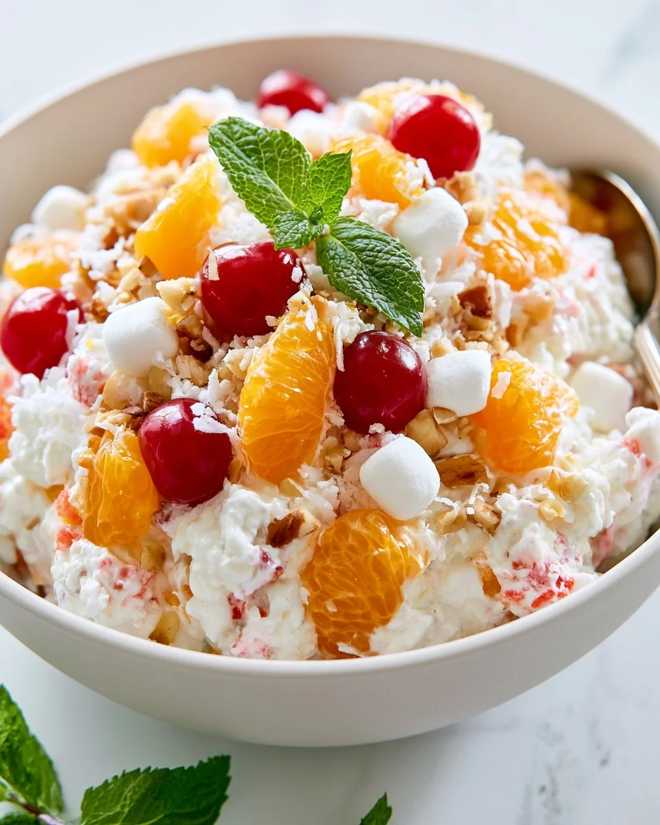 A vibrant bowl of Ambrosia Salad with fruits and creamy topping