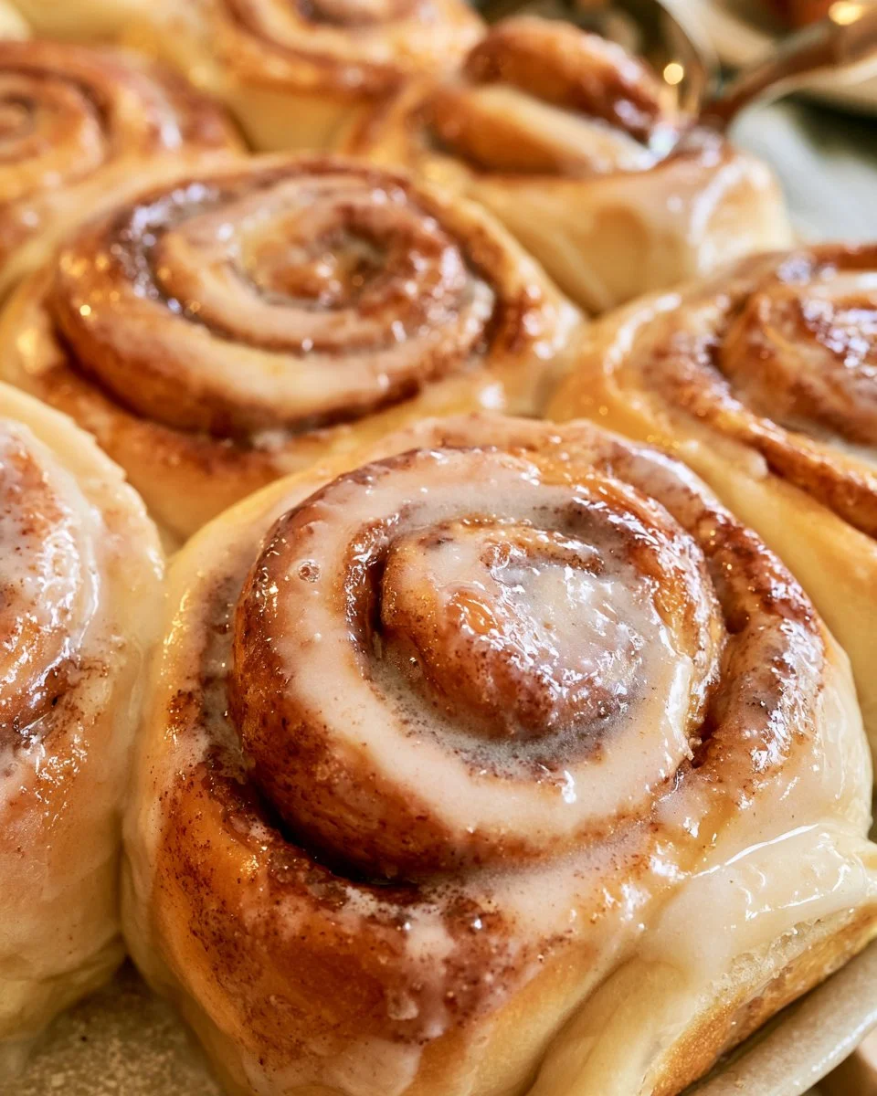 Freshly baked Amish cinnamon rolls with icing on a wooden table