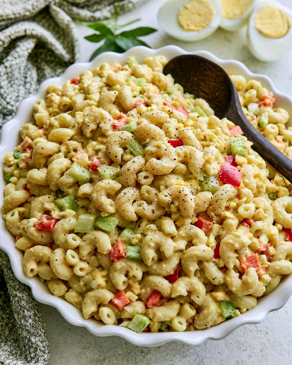 Delicious Amish Pasta Salad served in a bowl, colorful vegetables and pasta