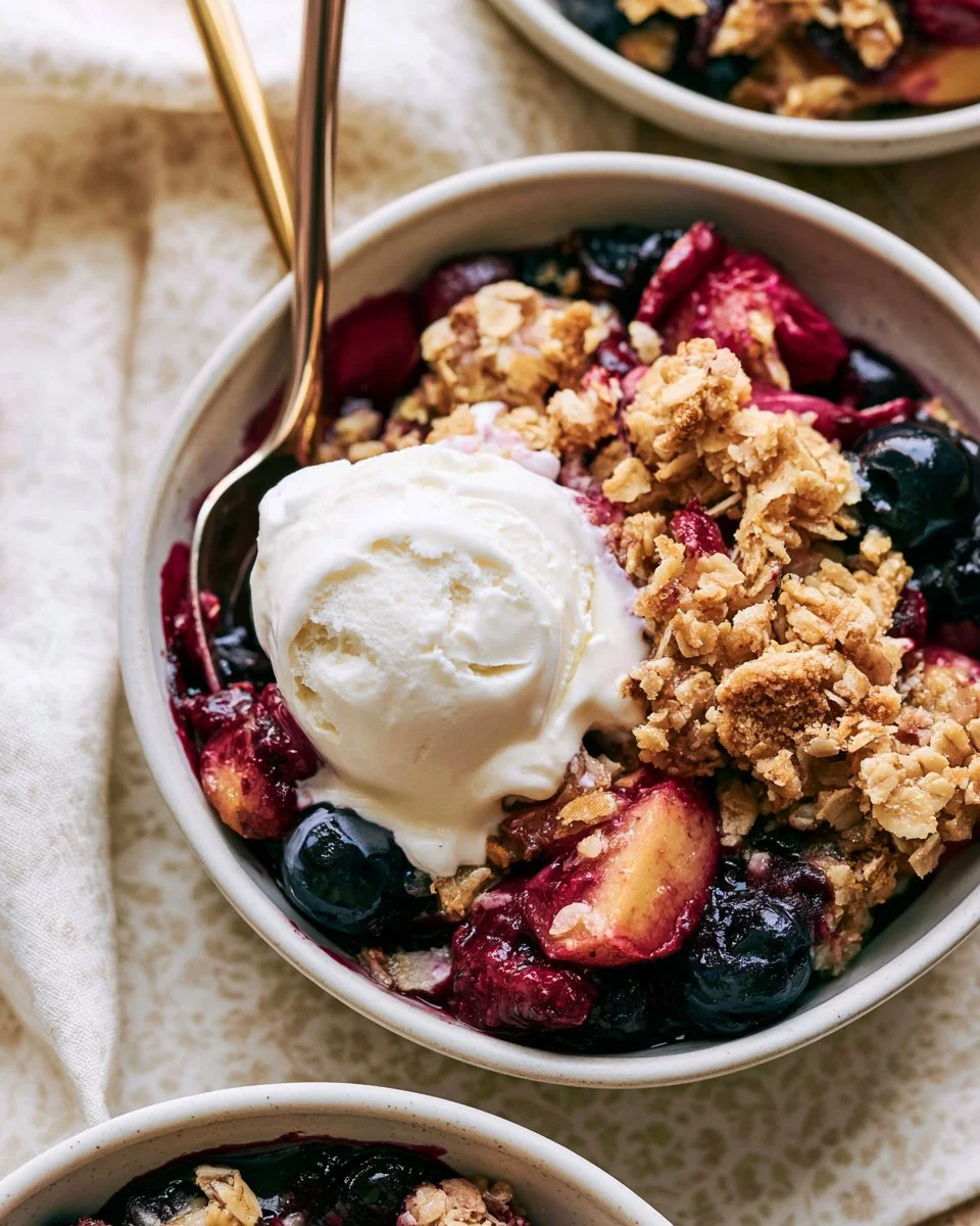 A delicious Apple Blueberry Crisp topped with crumble, served in a bowl