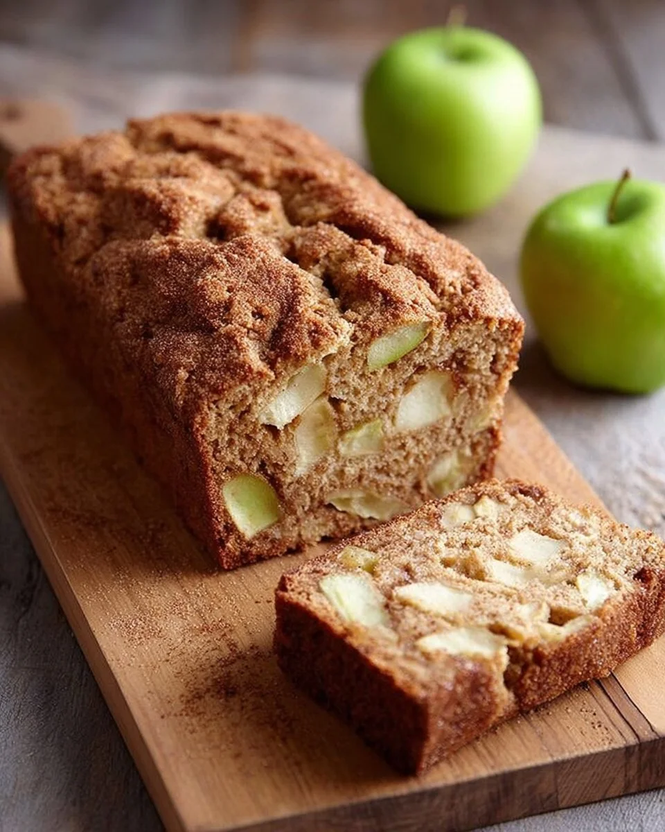 Freshly baked Apple Cinnamon Bread loaf with apples and cinnamon topping
