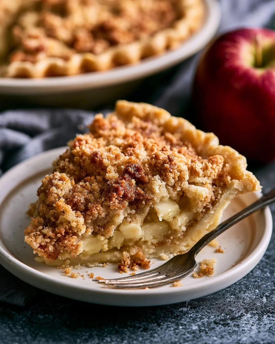 Delicious apple crumble pie with a golden crust and crumbly topping.