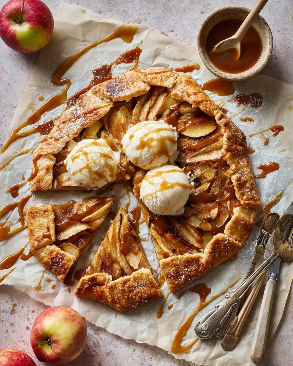 Freshly baked apple galette with flaky crust and caramelized apples.