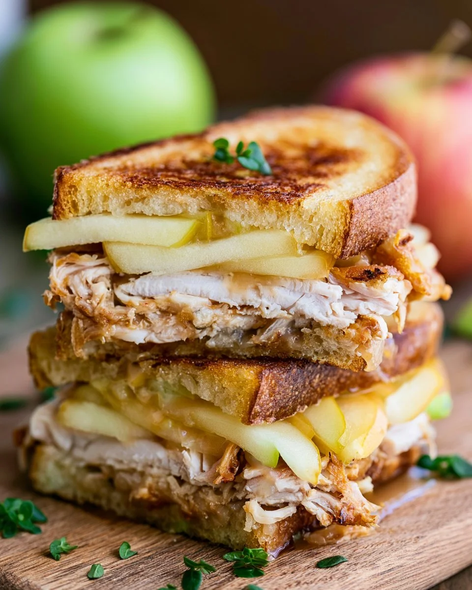 Apple grilled cheese sandwich with turkey, melted cheese, and slices of apple.