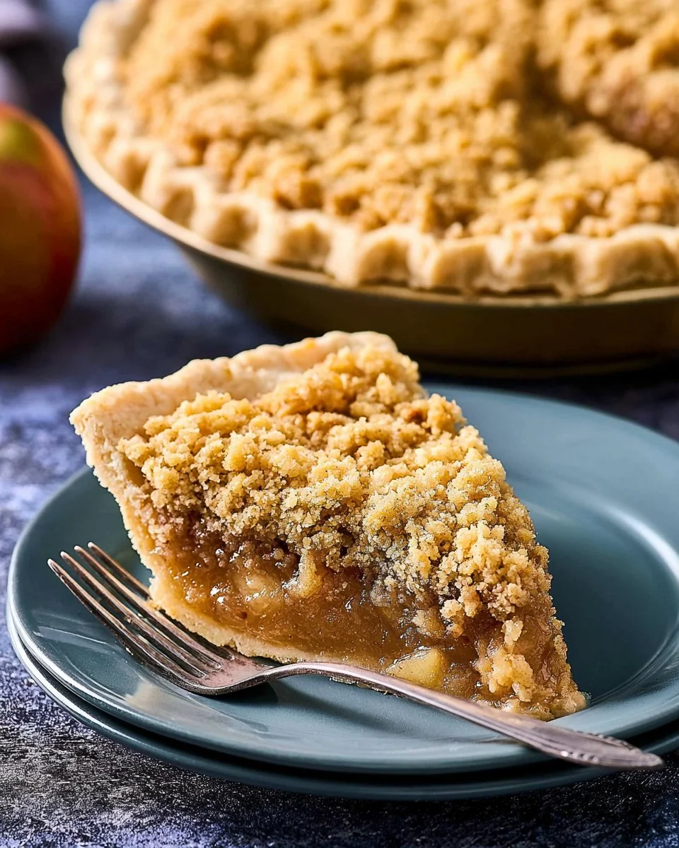 Delicious apple pie with oatmeal cookie crumble on top, served on a plate.