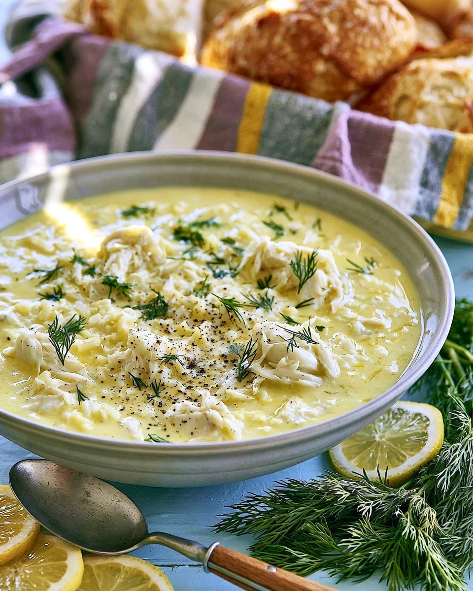 Delicious Avgolemono Greek lemon chicken soup served in a bowl