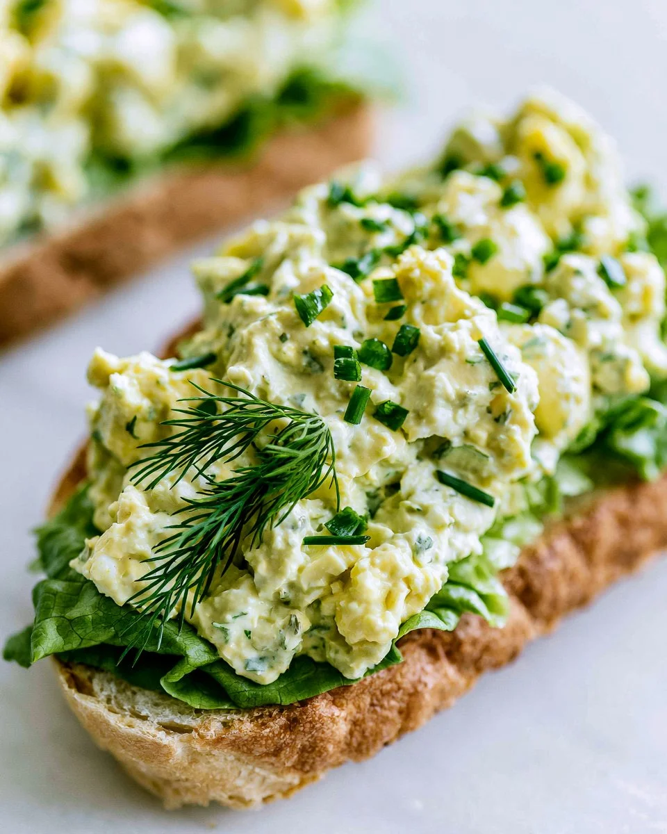 Creamy avocado egg salad in a bowl topped with herbs