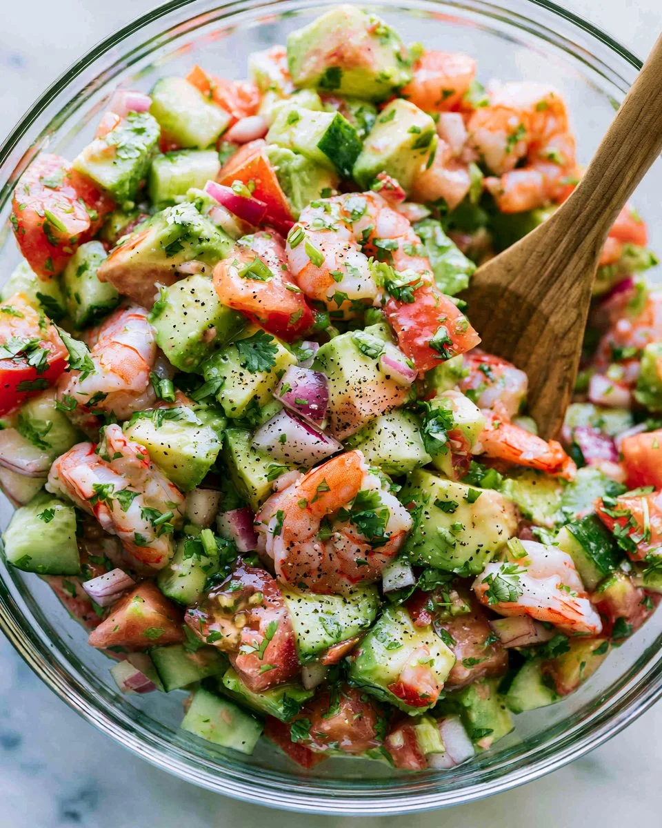 Delicious Avocado Shrimp Ceviche garnished with fresh cilantro and lime.