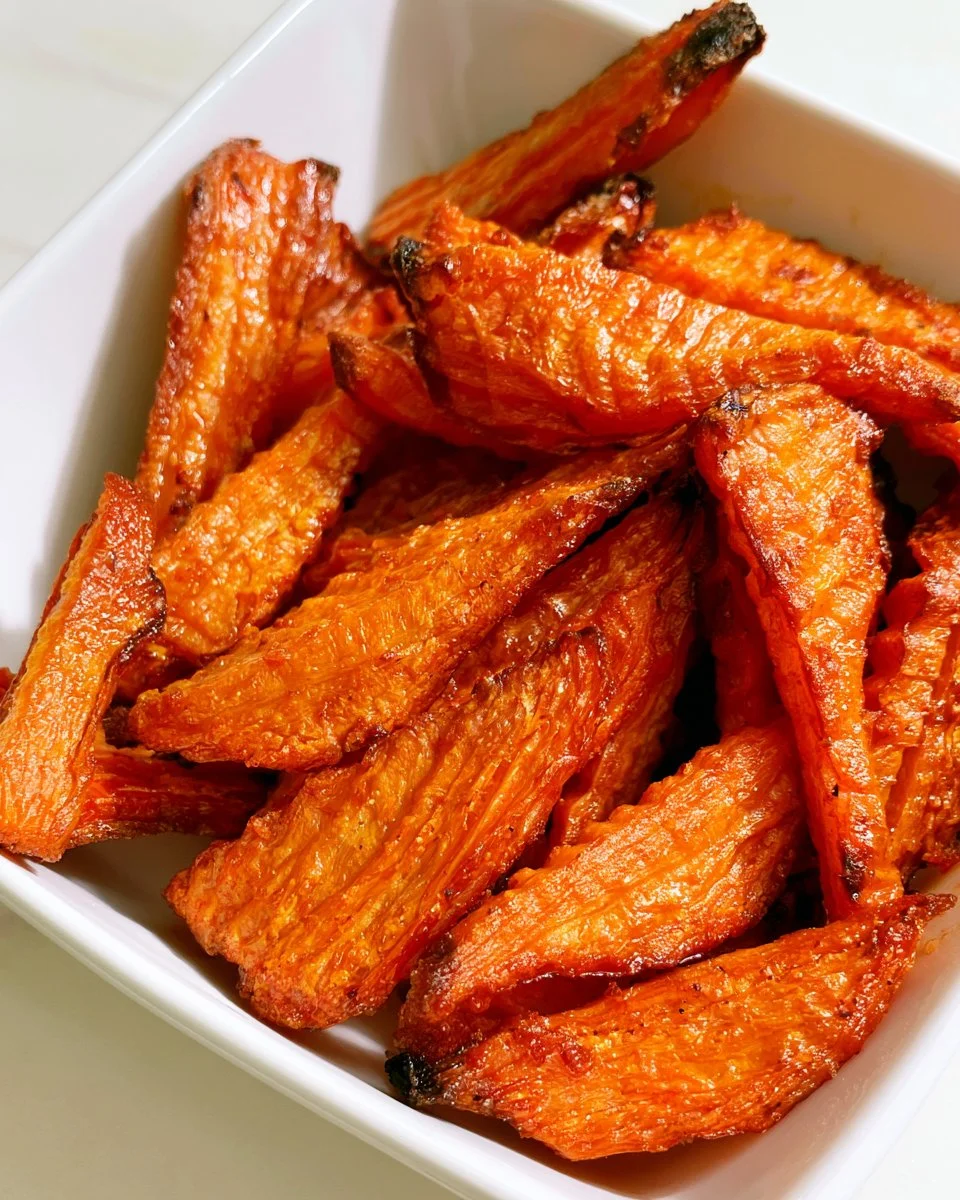 Crispy baked carrot chips on a plate, perfect for a healthy snack.