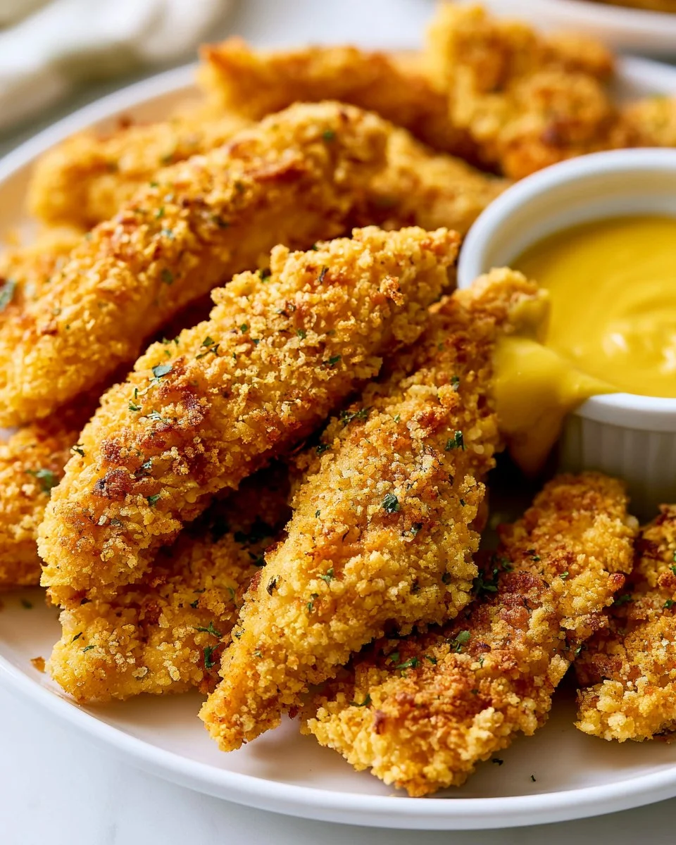 Crispy baked chicken tenders served with dipping sauce