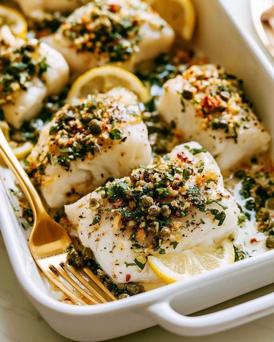 Delicious baked halibut fillet garnished with herbs and lemon