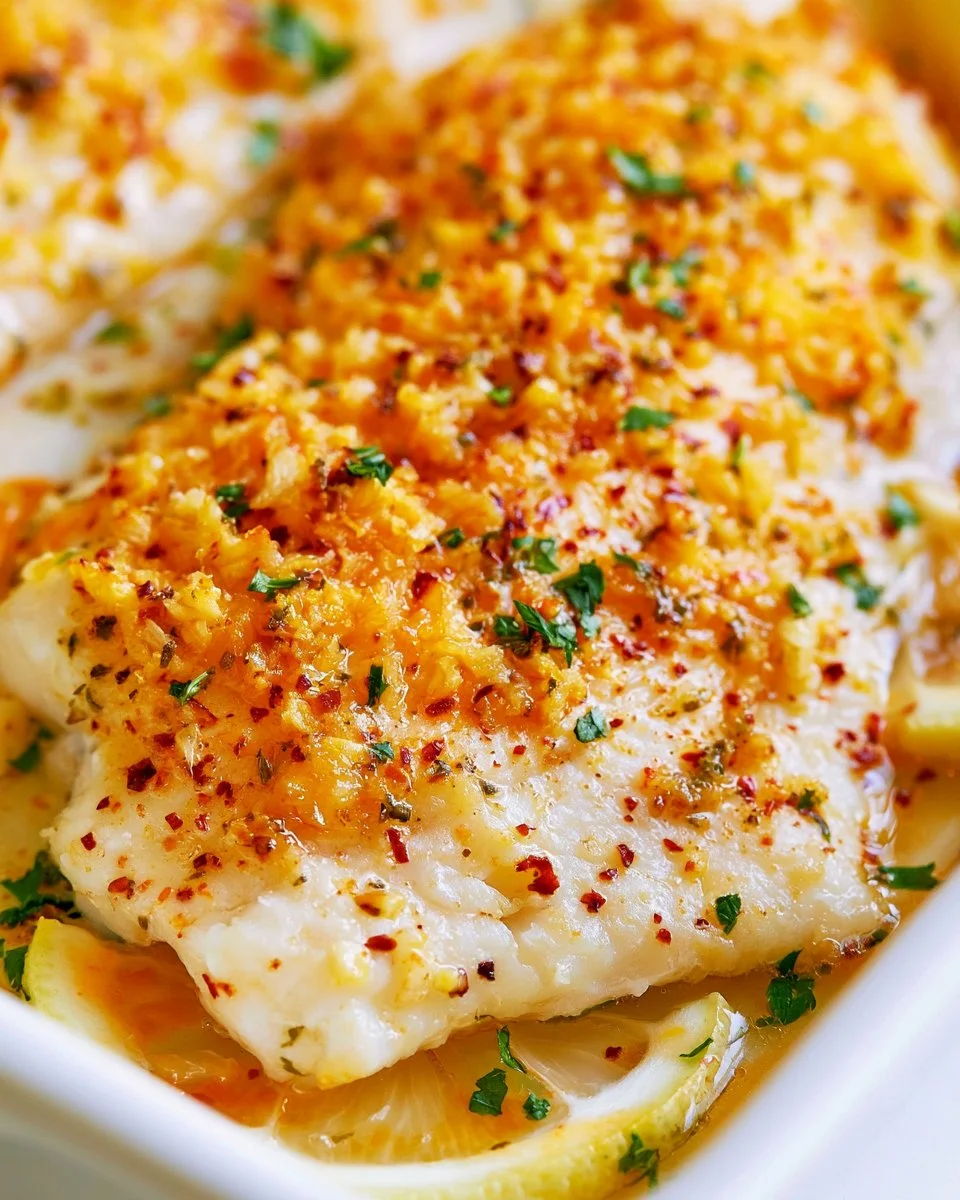 Baked Lemon Garlic Tilapia fillets served with fresh herbs and lemon slices.