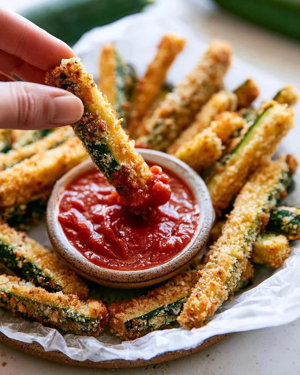 Healthy baked zucchini fries served with dipping sauce