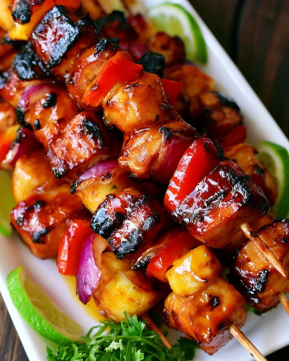 Grilled BBQ Chicken Kabobs skewered with colorful vegetables