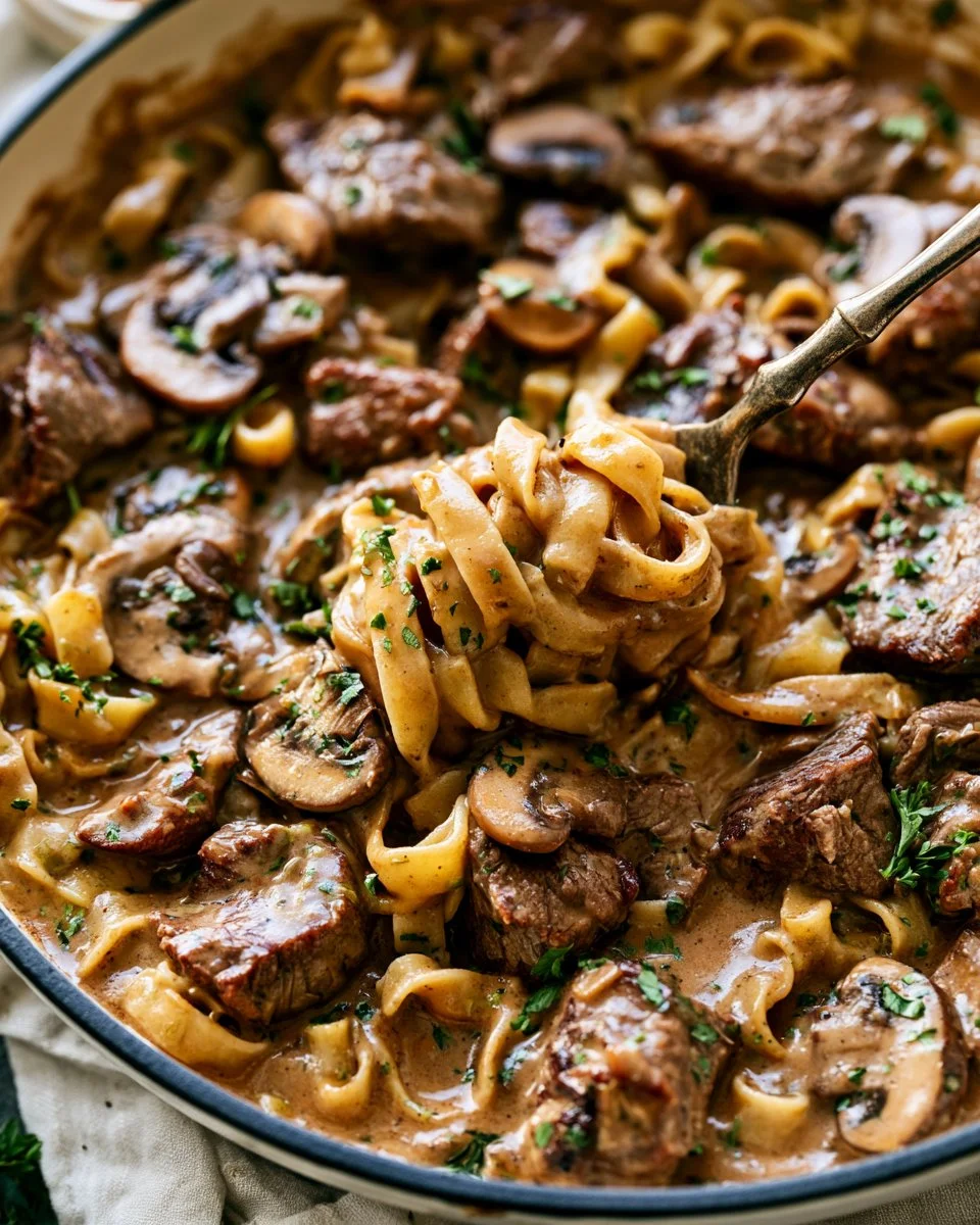 Plate of Beef Stroganoff with tender beef, mushrooms, and creamy sauce over noodles