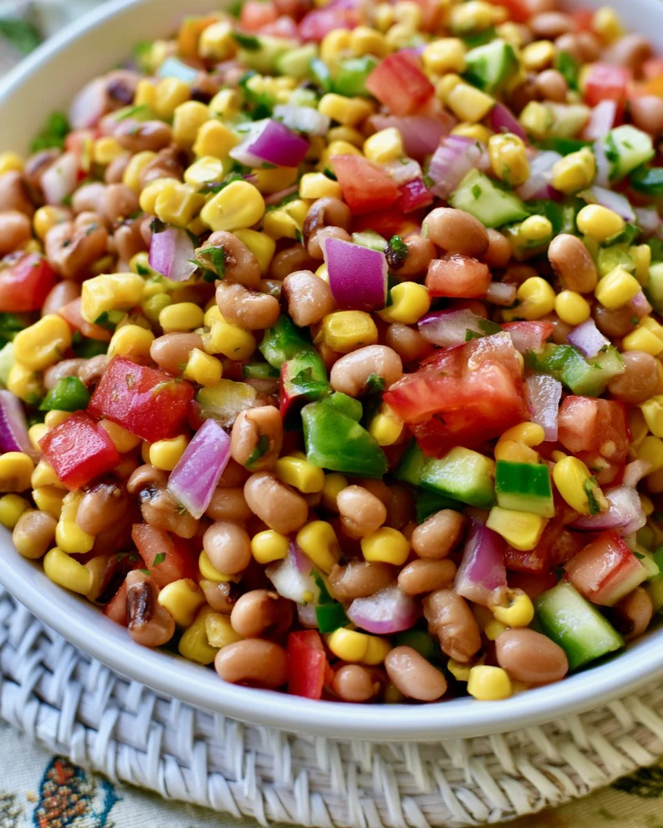 Healthy Black Eyed Pea Salad with vegetables and dressing