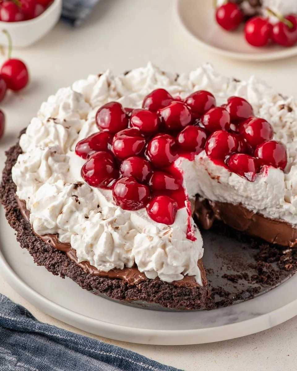 Delicious Black Forest Pie topped with cherries and whipped cream.