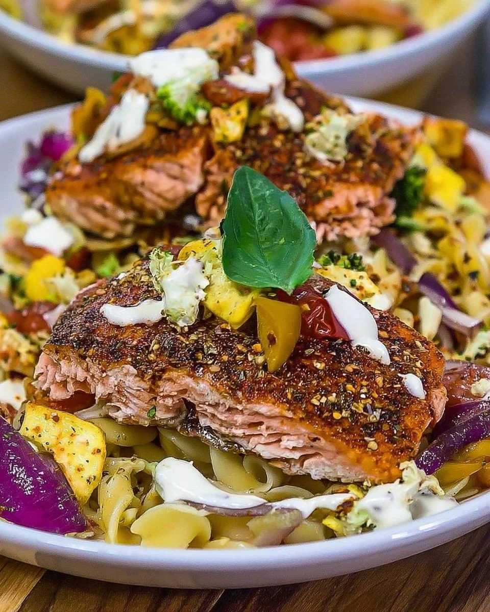 Plate of blackened salmon served with vegetables and pasta