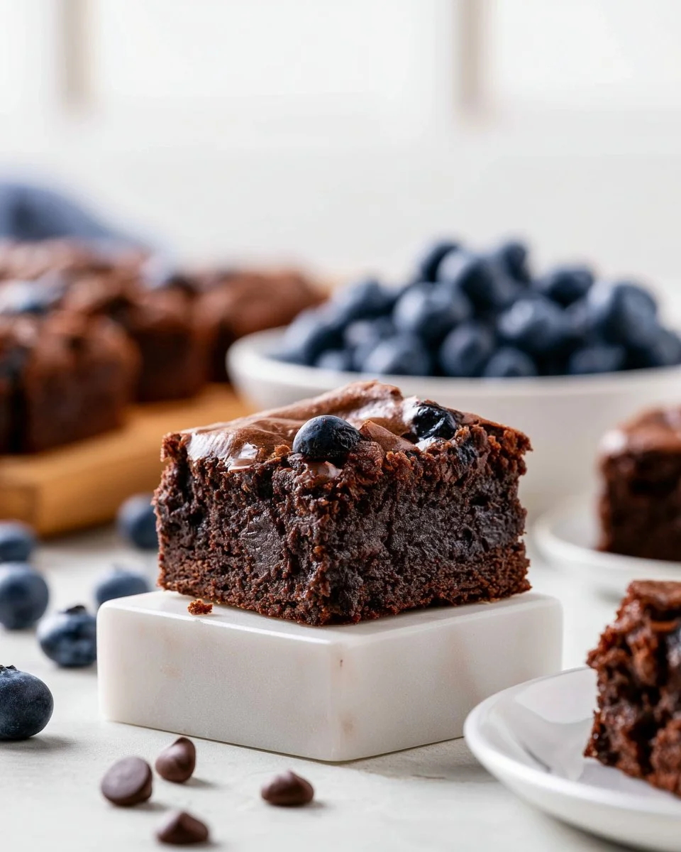 Delicious blueberry brownies with chocolate and fresh blueberries on a plate