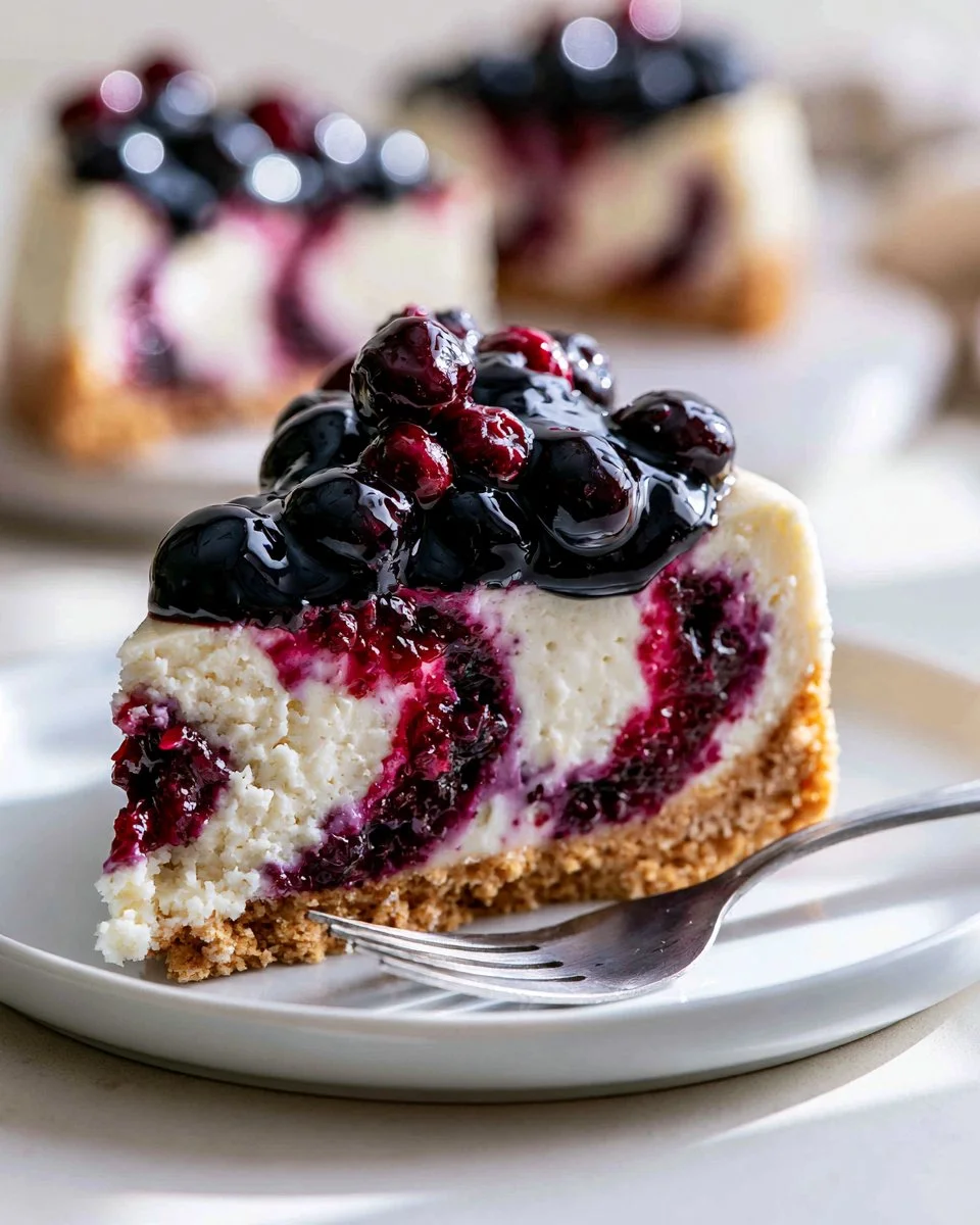 Delicious blueberry cheesecake with a rich creamy filling and fresh blueberries on top