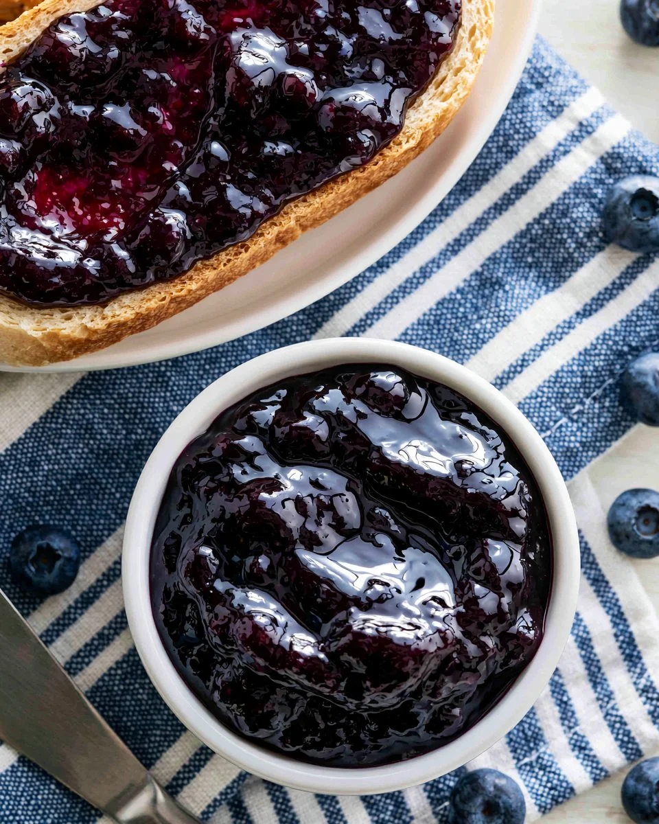 Homemade blueberry jam jars with fresh blueberries on a wooden table