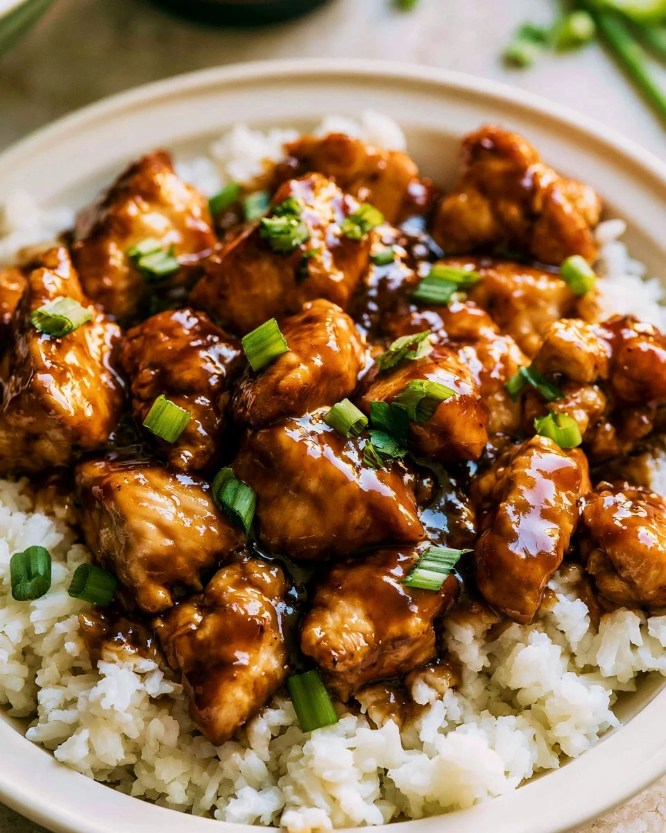 Delicious Bourbon Chicken served with rice and vegetables