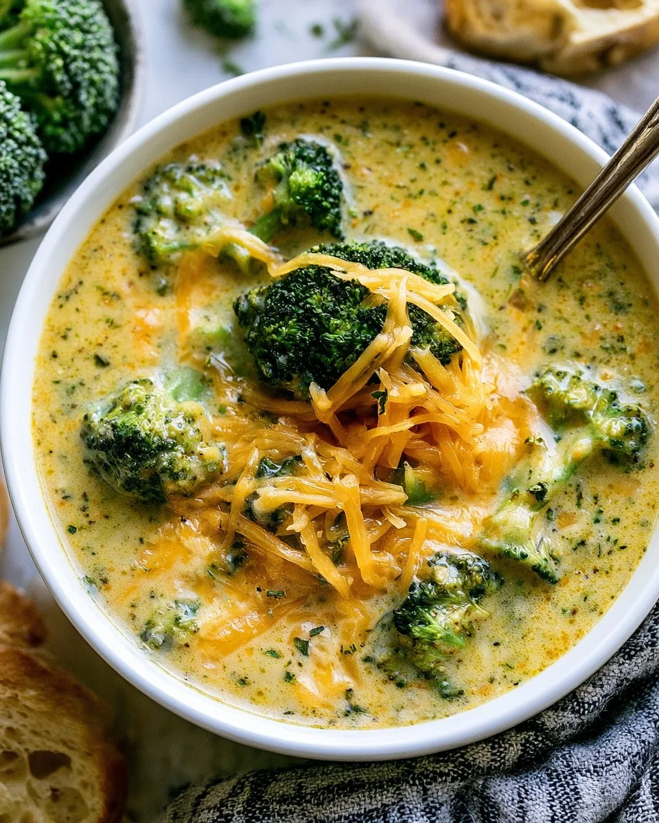 Bowl of creamy Broccoli Cheddar Soup garnished with fresh broccoli florets