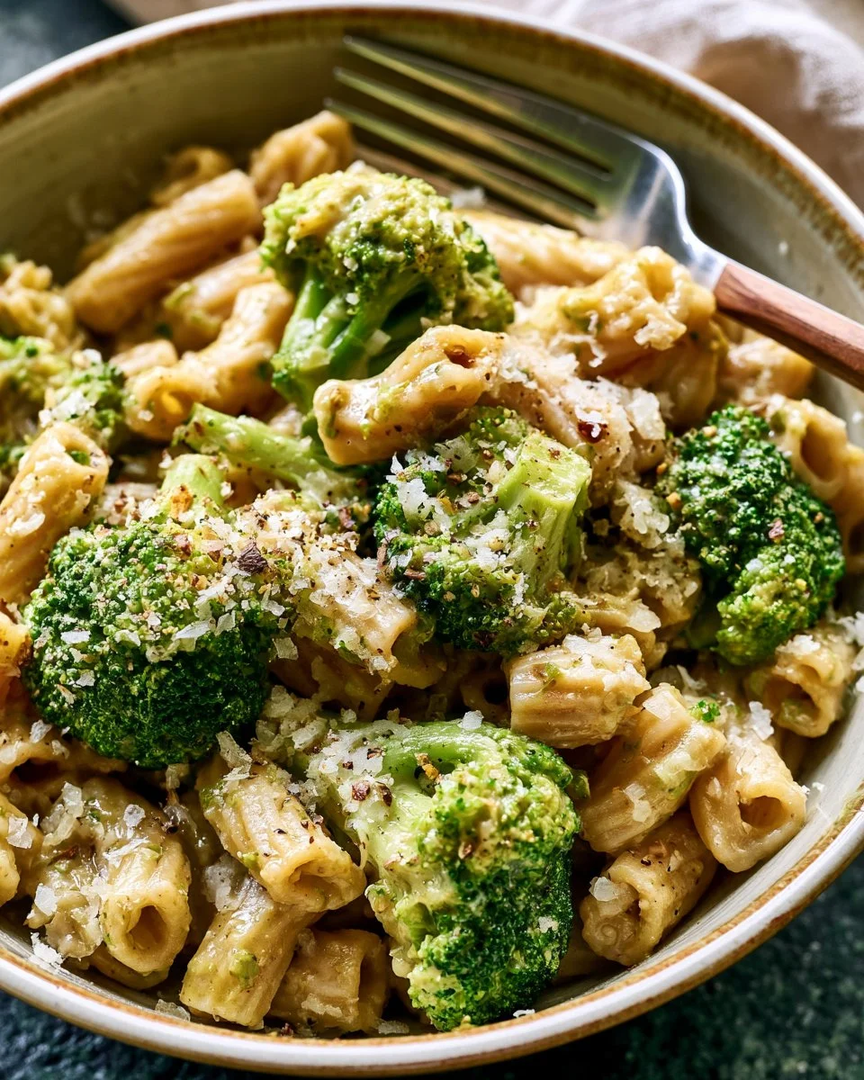 A plate of broccoli pasta, featuring sautéed broccoli and pasta in a creamy sauce.