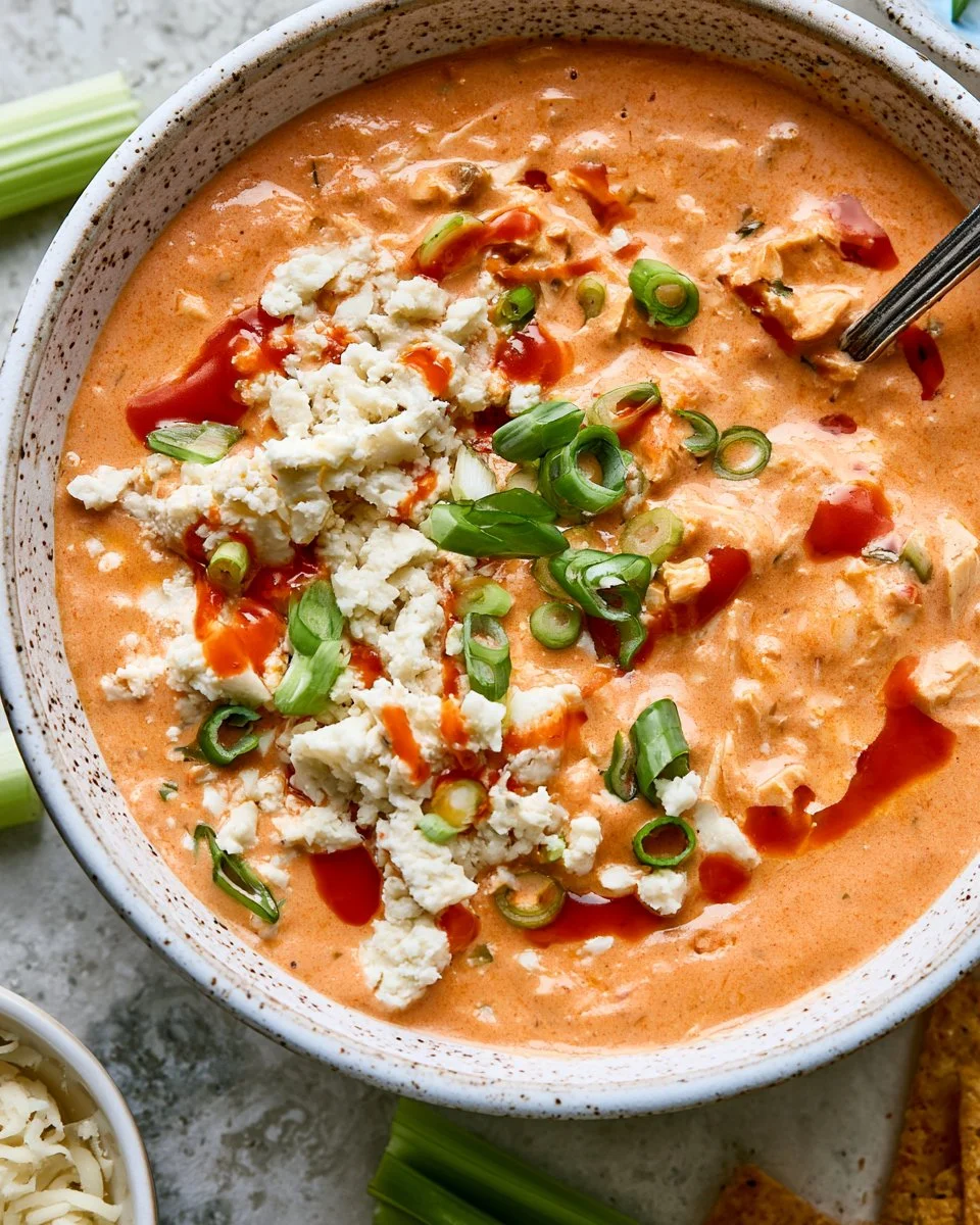 Bowl of spicy Buffalo Chicken Chili topped with cheese and green onions.